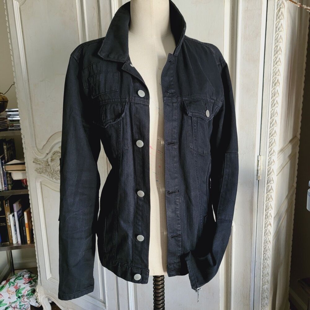 Elwood Black Denim Jacket Sz S Zipper Accents COOL!